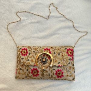Gold Pink and Green Floral bag with golden chain strap - from India